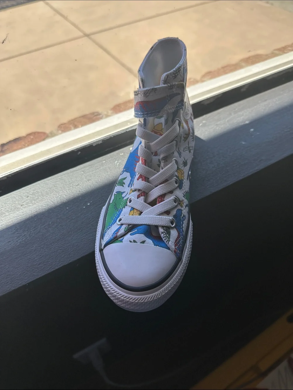 Converse Kids White High-Top Sneakers with Blue, Green, Red and Yellow Dinosaurs